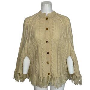 Jeri Jo Vintage Wool Sweater Cape Shawl Poncho M Ivory Cable Knit Fringe Fall